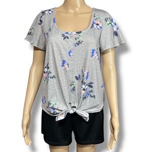 SO Womens T Shirt Top Tie Hem Scoop Neck Short Sleeve Floral Print Gray Medium